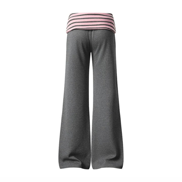 Women's Wide Loungewear Pants with Cuffable Striped Waistband and Decorative Buttons Mune Fashion