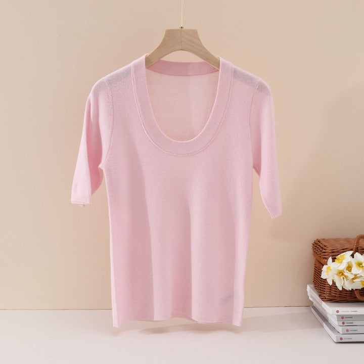 Ladies Fine Fine Knit Shirt with Deep Round Neck and Three-Quarter Sleeves Mune Fashion