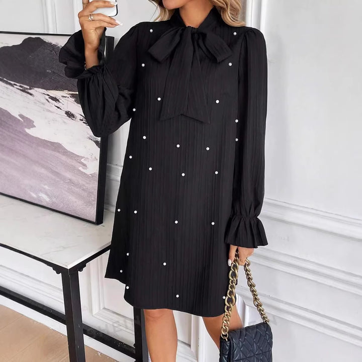 Women Elegant Mini Dress with Bow Collar and Ruffles Mune Fashion