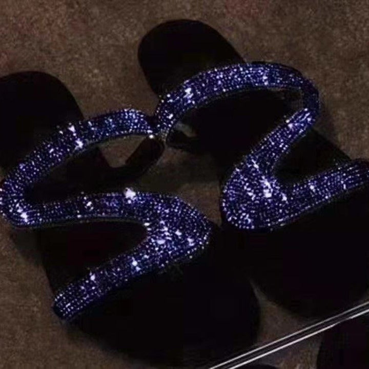 Ladies glitter sandal with curved rhinestone straps and padded comfort footbed Mune Fashion