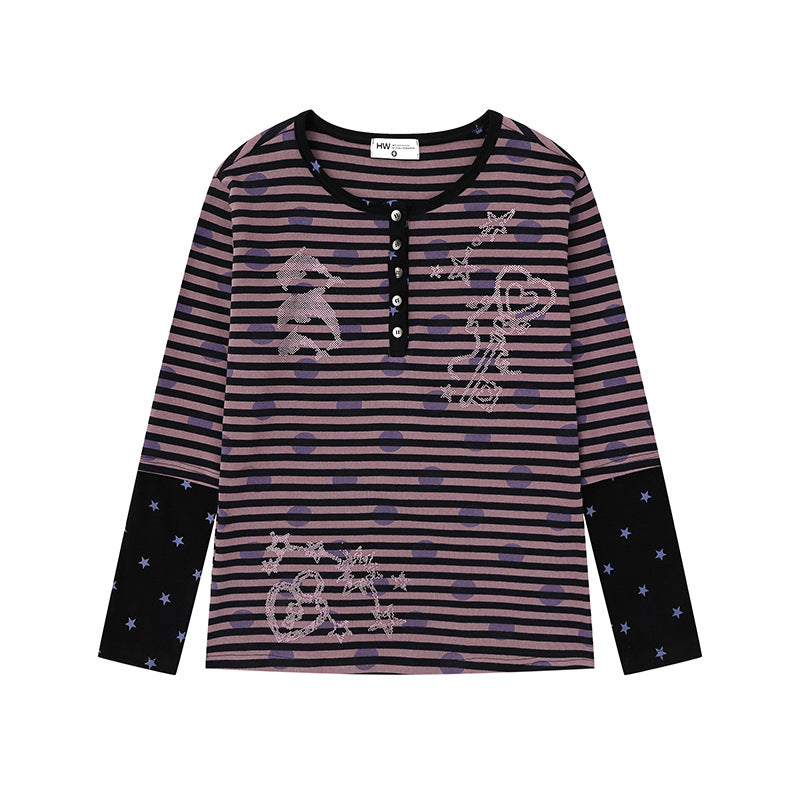Women Striped Henley Long Sleeve Shirt with Contrast Sleeves, Star Print and Decorative Stone Motifs Mune Fashion