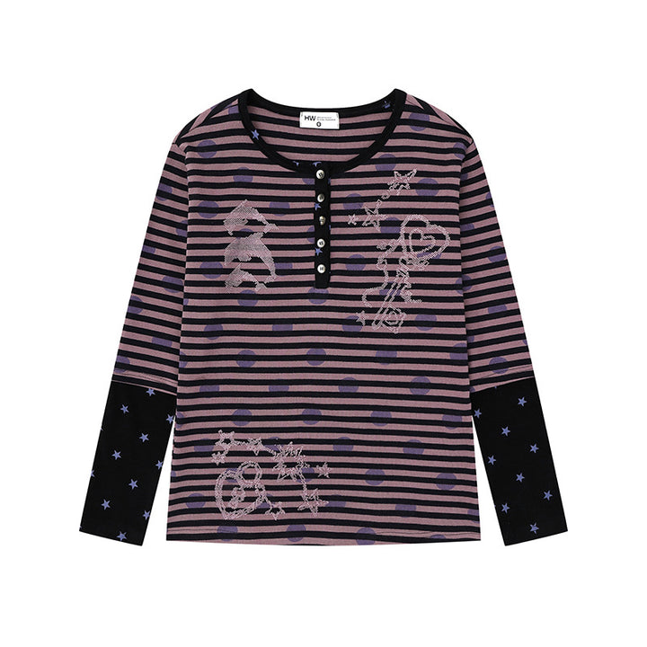 Women Striped Henley Long Sleeve Shirt with Contrast Sleeves, Star Print and Decorative Stone Motifs Mune Fashion