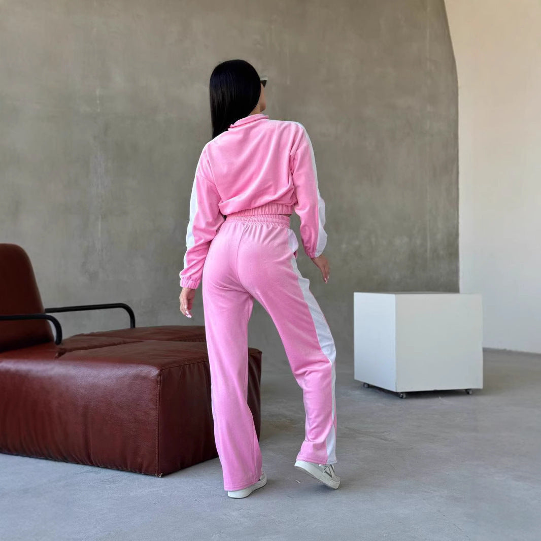 Women soft velvet tracksuit set with zip jacket and elastic drawstring pants Mune Fashion