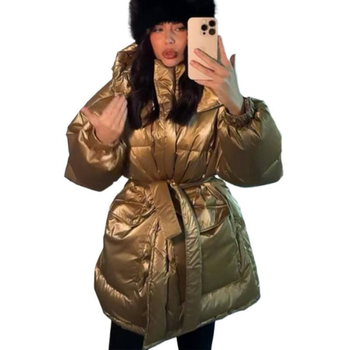 Women's Quilted Winter Jacket with Waist Drawstring and High Stand-Up Collar Mune Fashion
