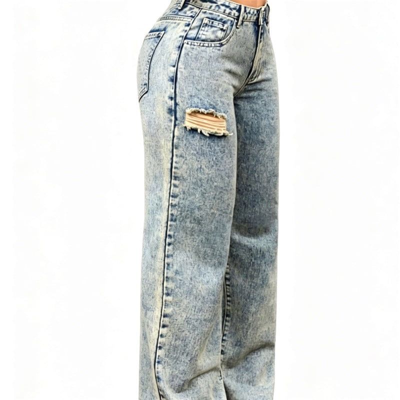 Ladies High-Waist Relaxed Jeans with Stone Wash Effect and Side Ripped Insert Mune Fashion