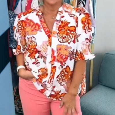 Ladies nan loose blouse with gathered puff sleeves and button placket Mune Fashion