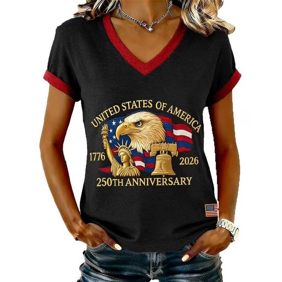 Women’s V-neck Retro Print T-shirt with Eagle Emblem and vintage-inspired Graphic Mune Fashion