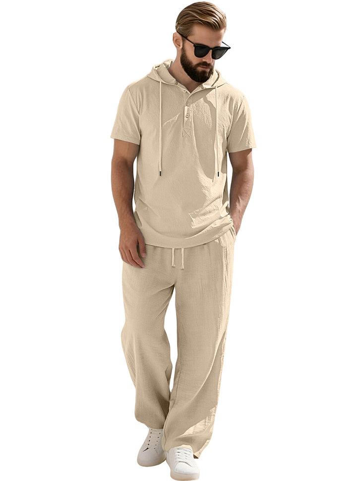 Men's casual short-sleeve hooded shirt in crinkled cotton blend with Henley button placket Mune Fashion