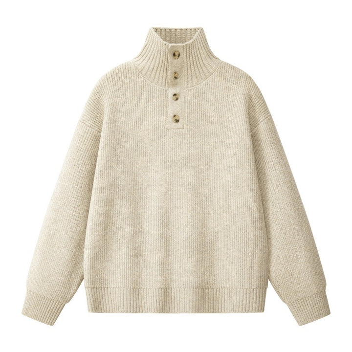 Women's Oversize Chunky Knit Sweater with Button Placket at the Stand-Up Collar and Raglan Sleeves Mune Fashion