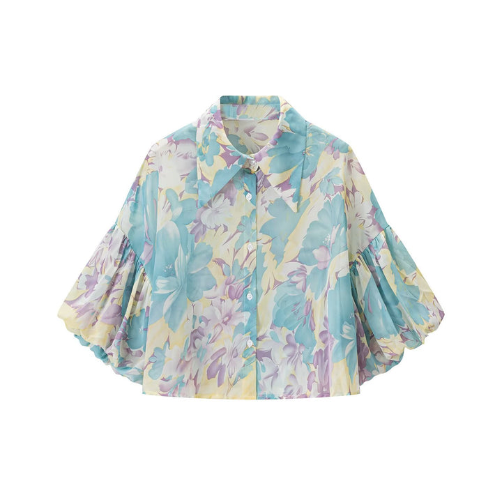 Women's floral print chiffon blouse with wide balloon sleeves and shirt collar Mune Fashion