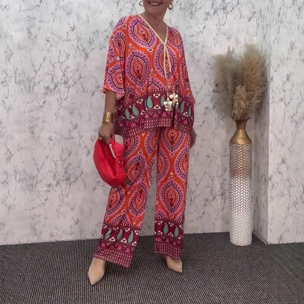 Ladies relaxed tunic and palazzo pants set with V-neck fringe band and wide leg Mune Fashion
