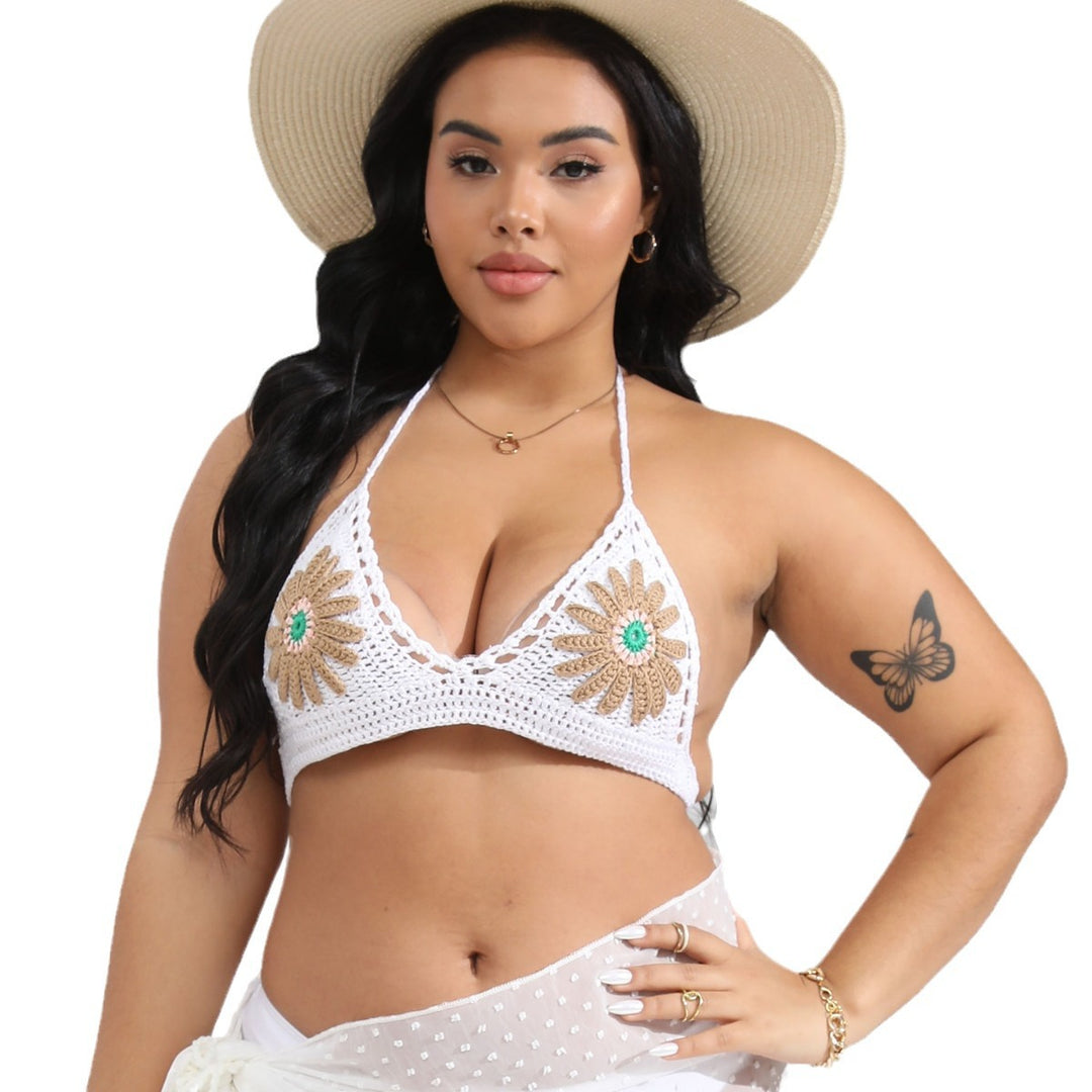 Women's crocheted bikini top with floral appliqués Mune Fashion