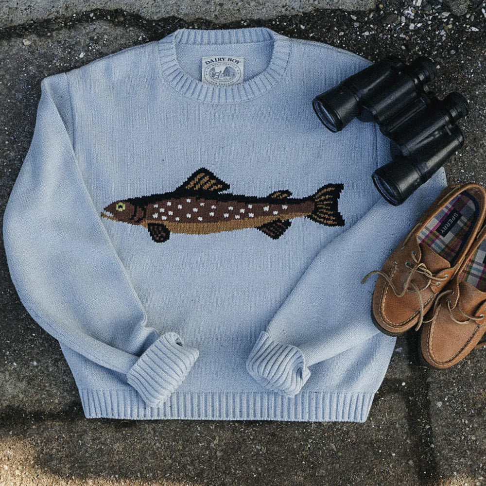 Women Oversize Knit Sweater with Fish Jacquard, Half Collar and Ribbed Cuffs Mune Fashion