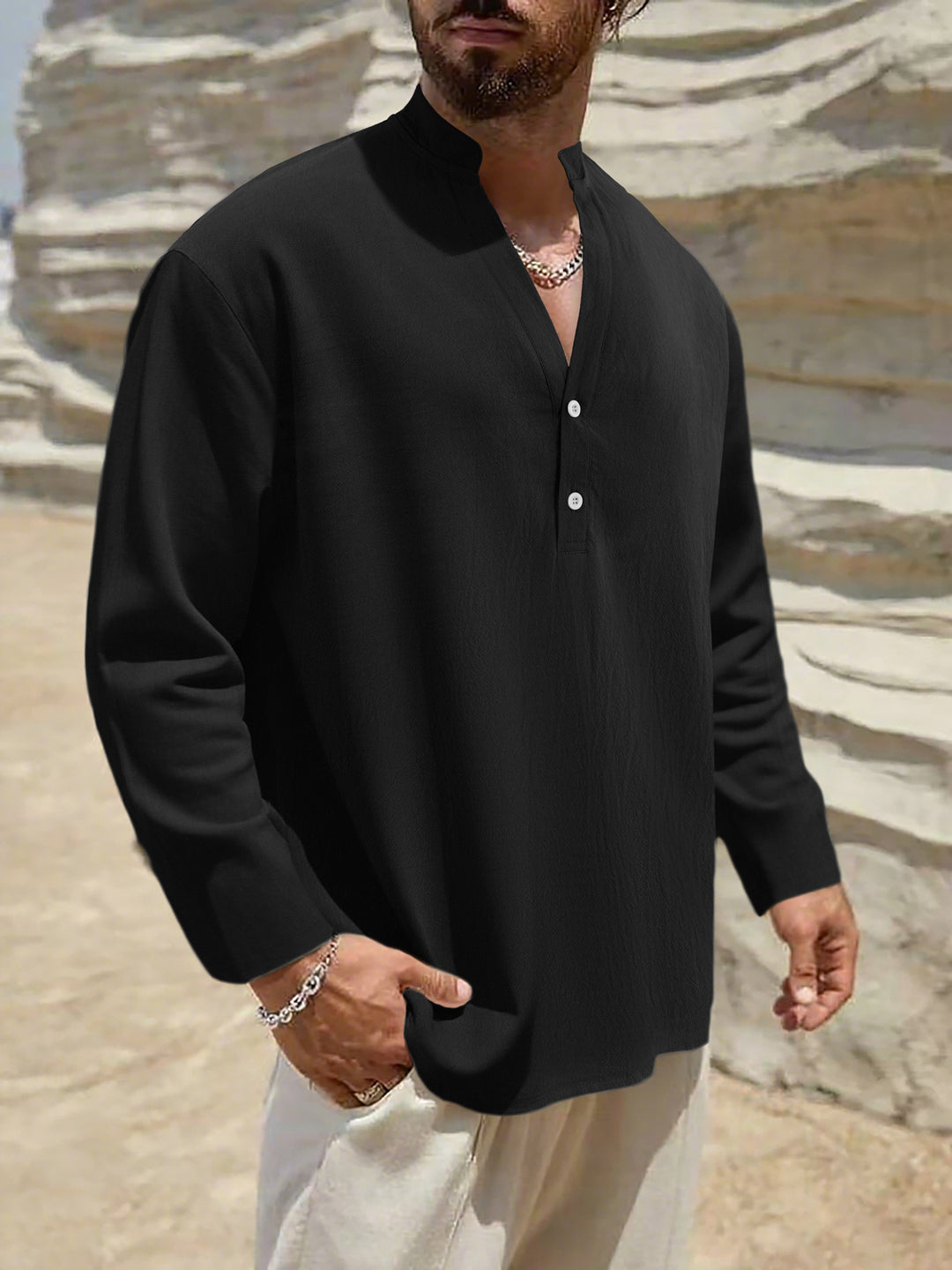 Men's Lightweight Linen Henley with Stand-up Collar and 2-Button Placket Mune Fashion