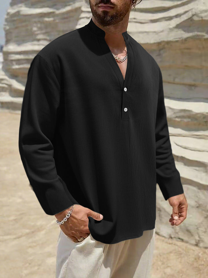Men's Lightweight Linen Henley with Stand-up Collar and 2-Button Placket Mune Fashion