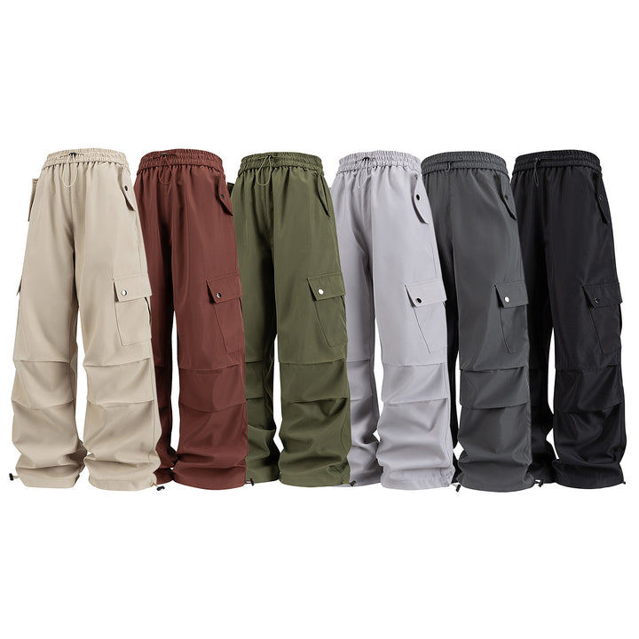 Men's Loose Utility Cargo Pants with Drawstring Waistband, Flap Pockets, and Adjustable Hem Closures Drune