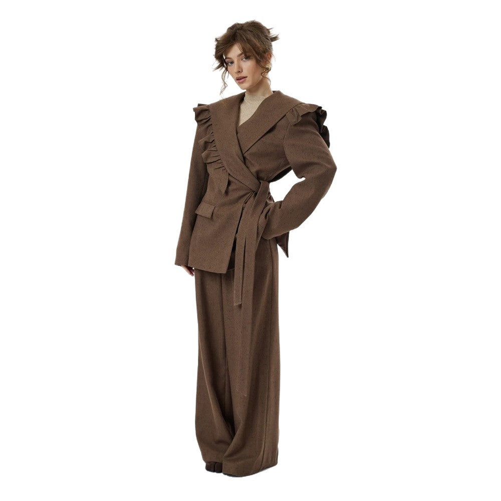 Women Two-Piece Oversized Blazer and Pants Set with Ruffled Shoulder and High Pleat Mune Fashion