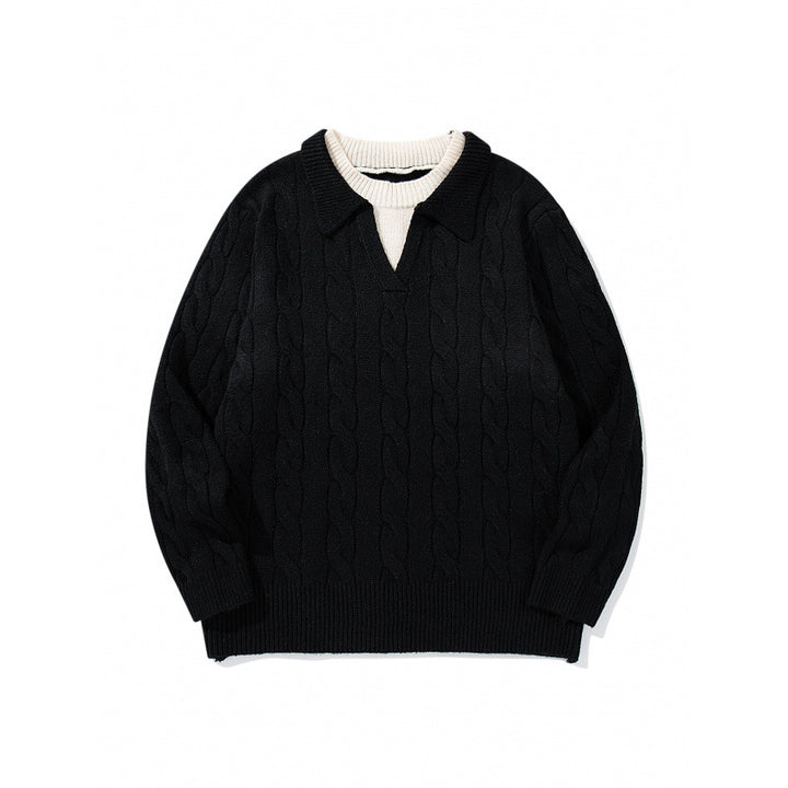 Men's chunky knit cable pattern sweater with polo collar and V-neck Mune Fashion