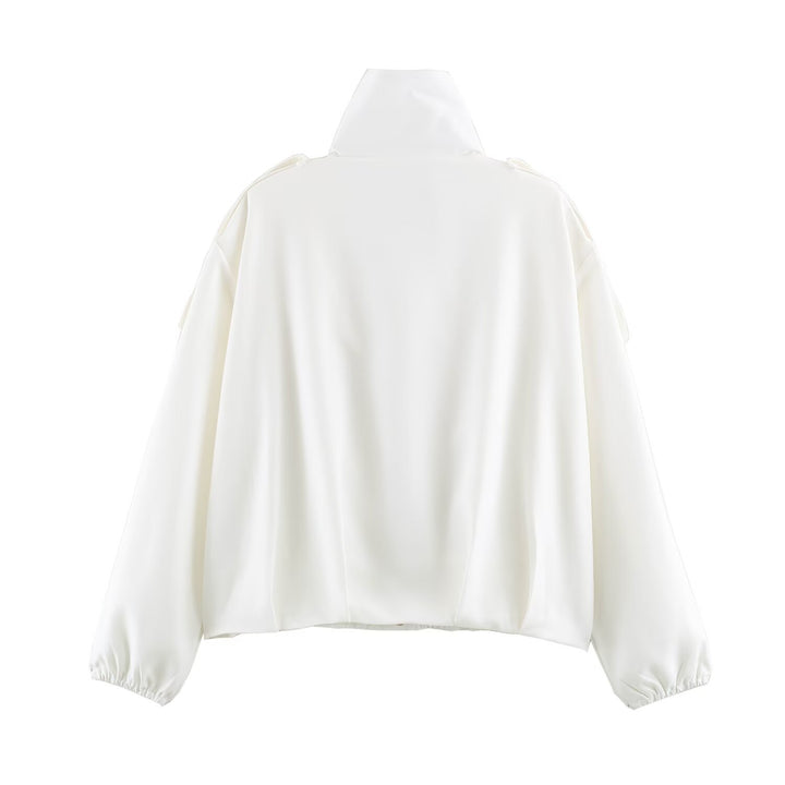 Women Oversize Blouson Jacket with High Stand Collar, Shoulder Patches and Elastic Hem Mune Fashion