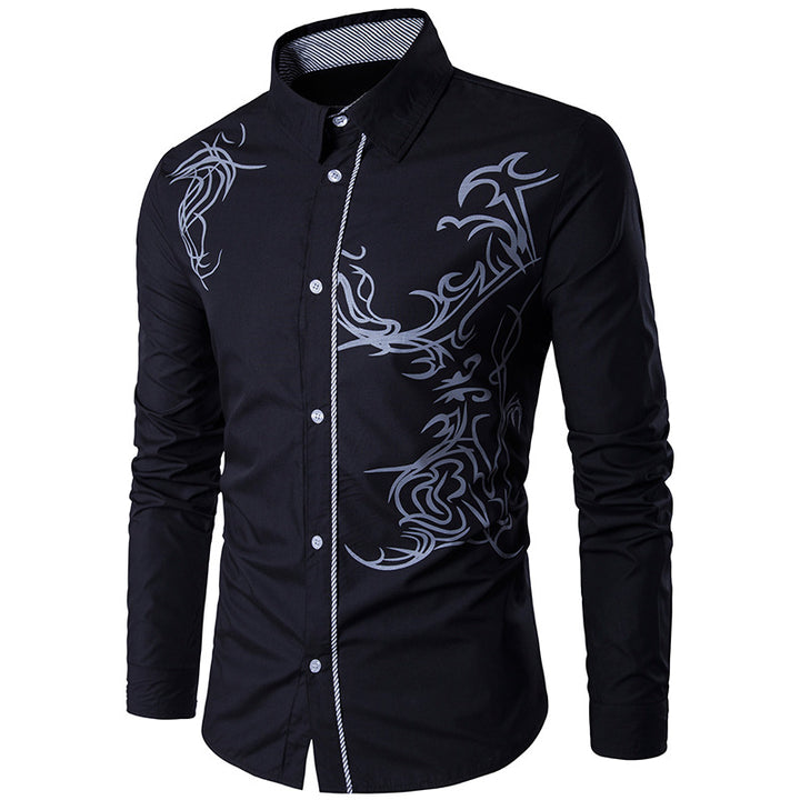 Men's fitted shirt with tribal print, concealed button placket, and contrast collar Mune Fashion