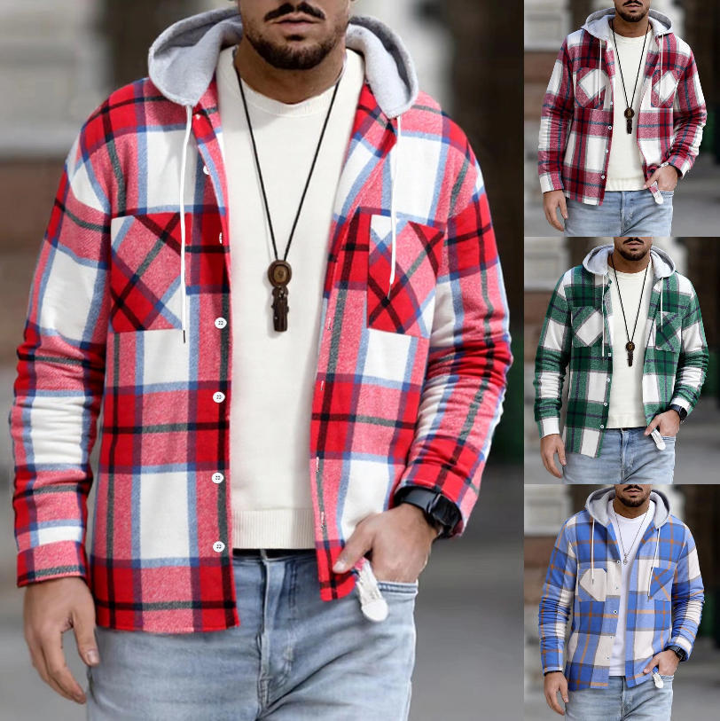 Men's checkered shirt jacket with hood, button placket and chest pockets EB