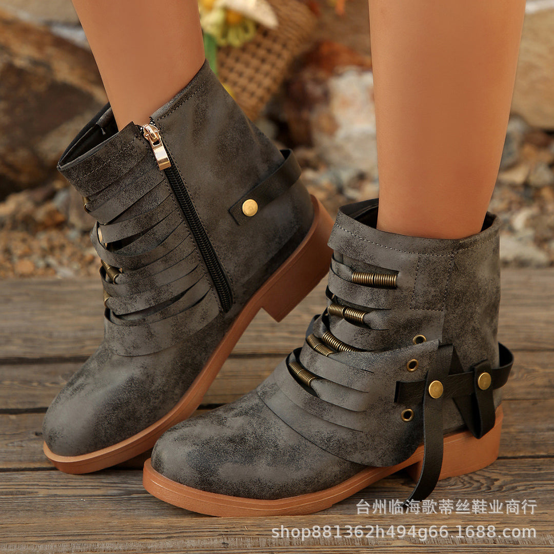Women Fringe Ankle Boots with Layered Straps and Side Zipper Mune Fashion