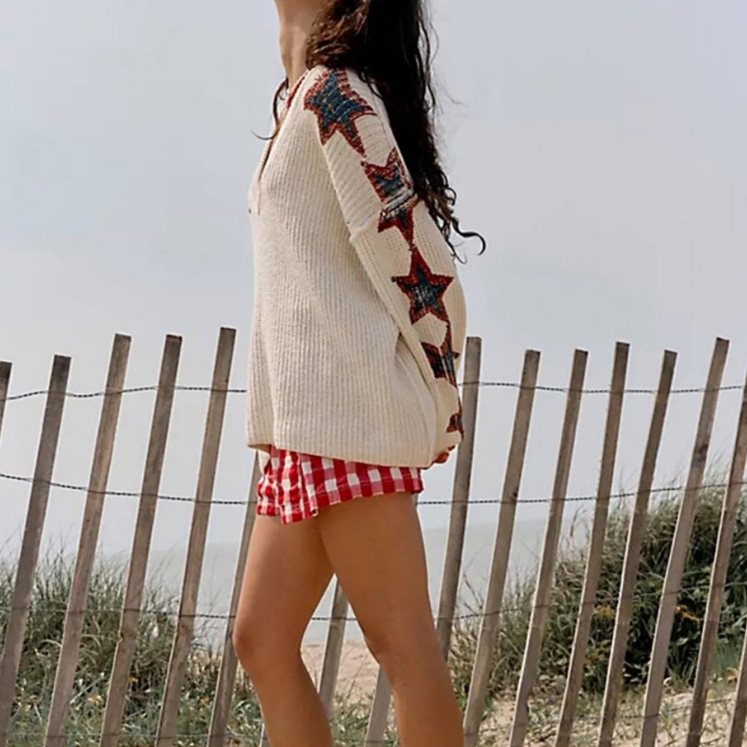 Women's Oversized Knit Sweater with V-Neck and Star Patterns Mune Fashion
