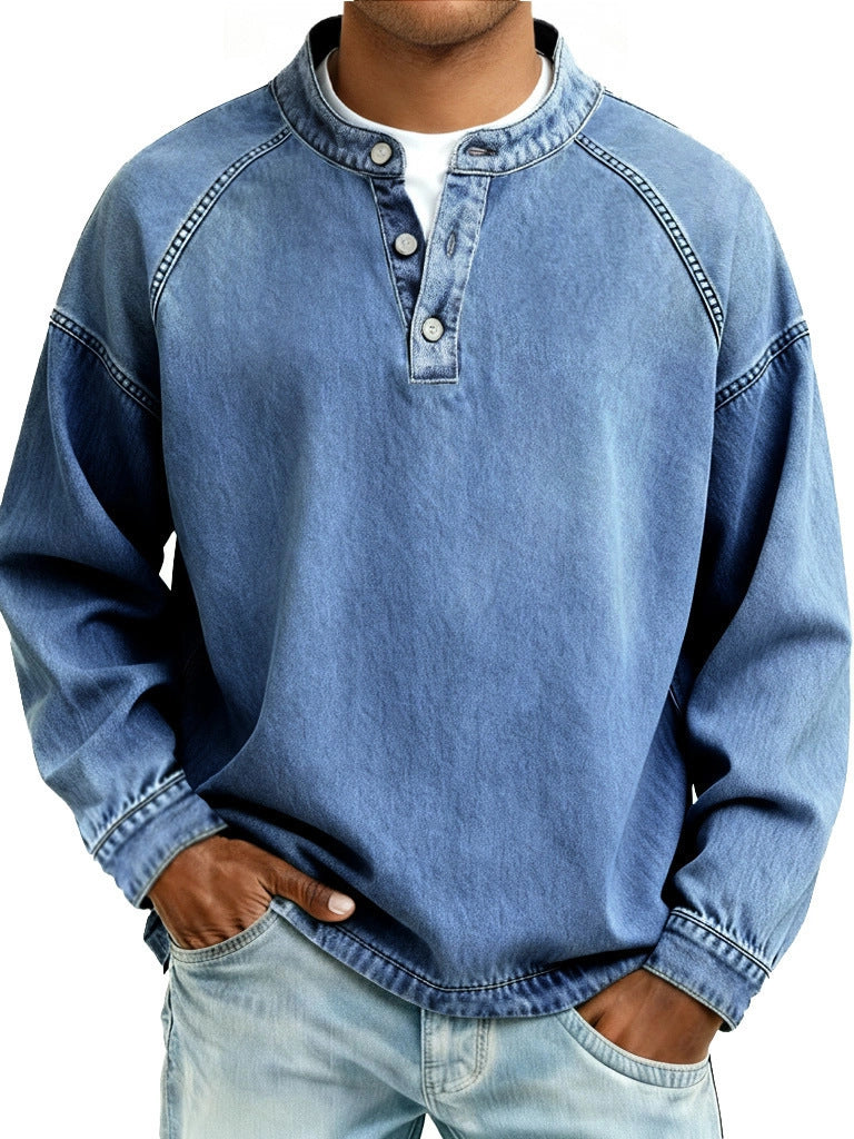 Men's faded Henley shirt with stand-up collar, loose fit and button placket Mune Fashion