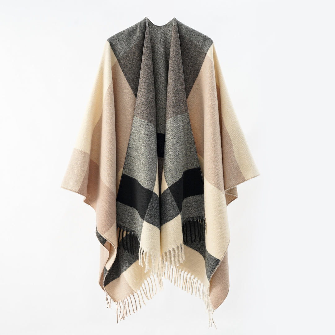 Women's multifunctional wool blend poncho in cape style with geometric pattern Mune Fashion