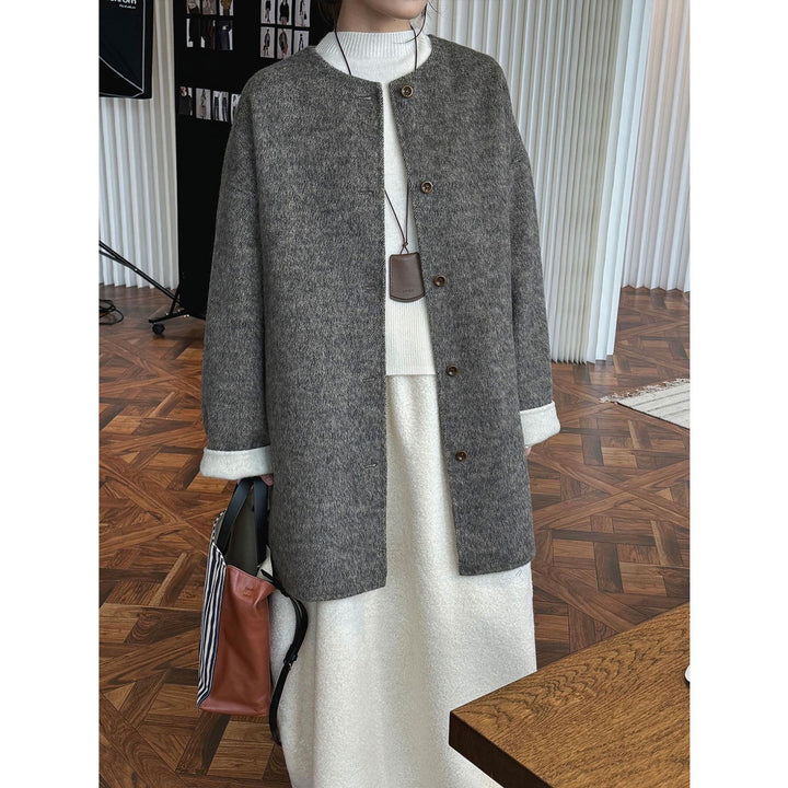 Women's Oversized Wool Blend Coat with Button Placket and Foldable Teddy Cuffs Mune Fashion