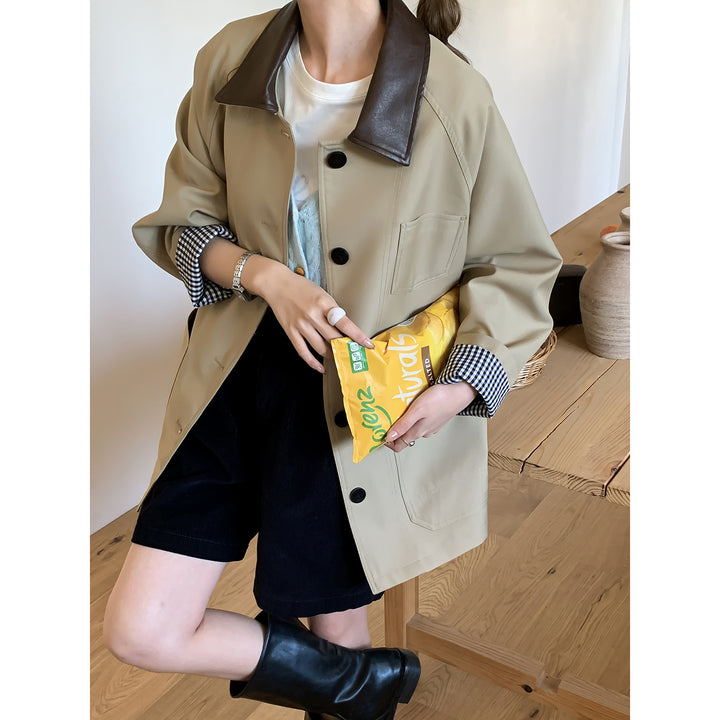Women Lightweight Oversized Transition Jacket with Contrast Collar and Checkered Sleeve Hem Mune Fashion