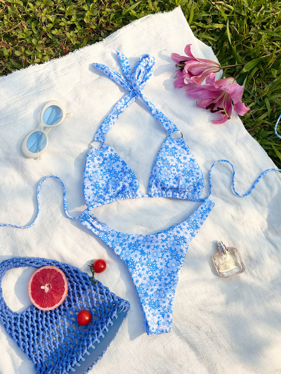 Women Triangle Bikini with playful flower design and fashionable tie straps Mune Fashion