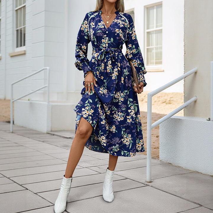 Women Floral Long Sleeve Dress with Waist Belt Mune Fashion