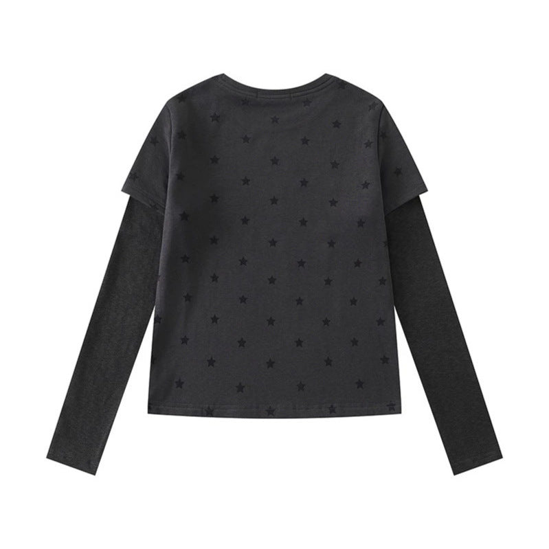 Women Two-Layer Long Sleeve Shirt with Stars Ornament and Heart Detail Mune Fashion