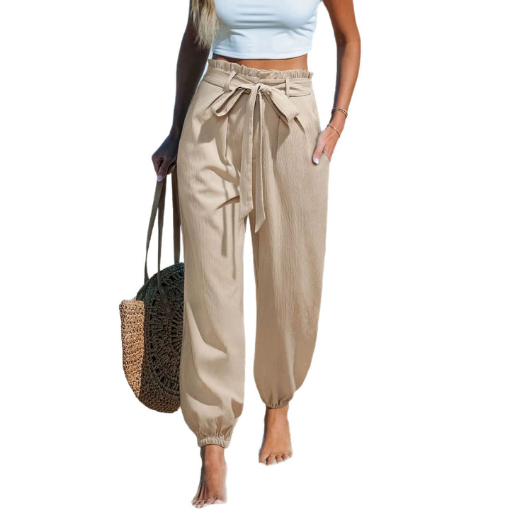Women Lightweight Paperbag High Waist Pants with Tying Belt, Side Pockets and Elastic Ankle Cuffs Drune