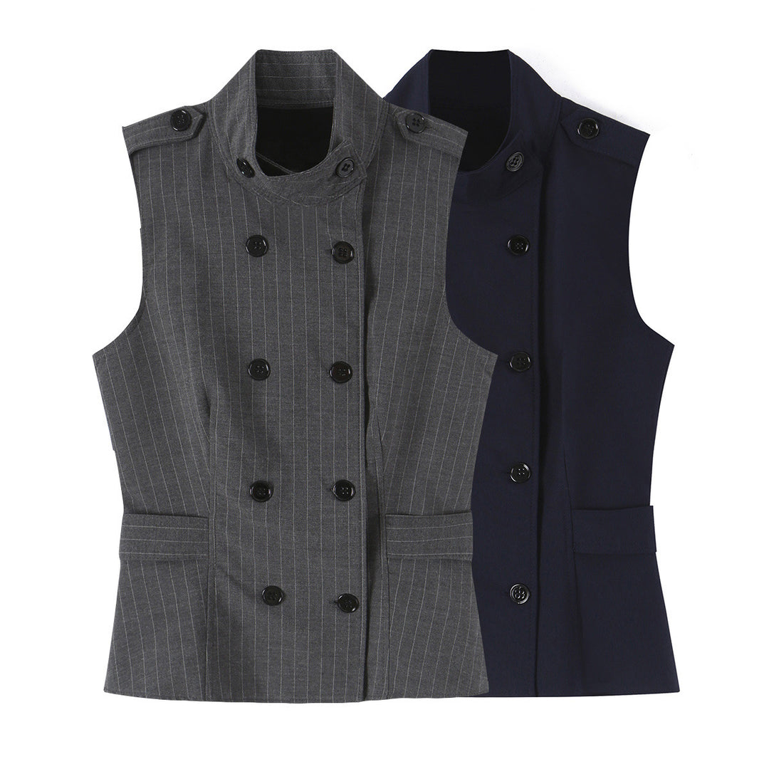 Women's Sleeveless Double-Breasted Pinstripe Waistcoat with Stand Collar Mune Fashion