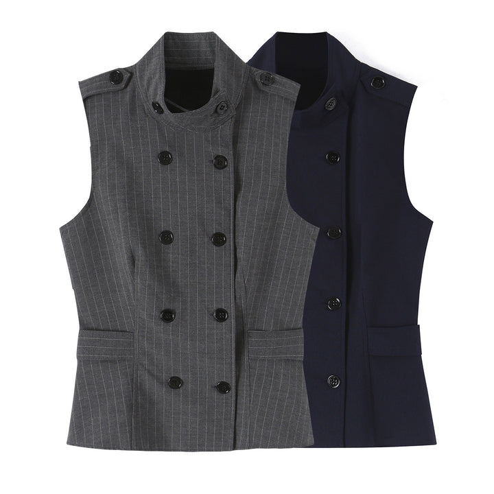Women's Sleeveless Double-Breasted Pinstripe Waistcoat with Stand Collar Mune Fashion