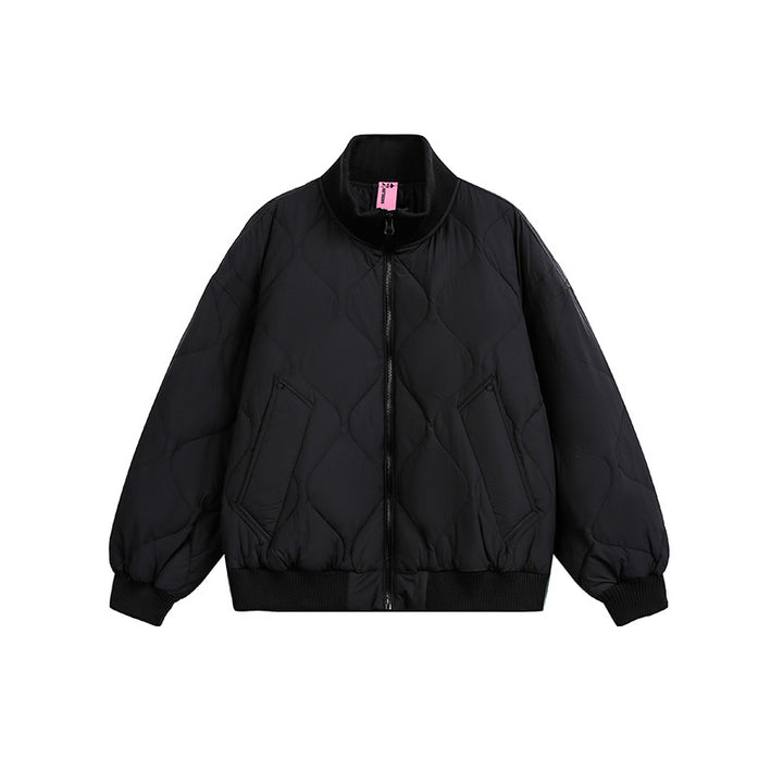 Ladies Quilted Short Blouson Jacket with Stand-Up Collar and Elastic Hem