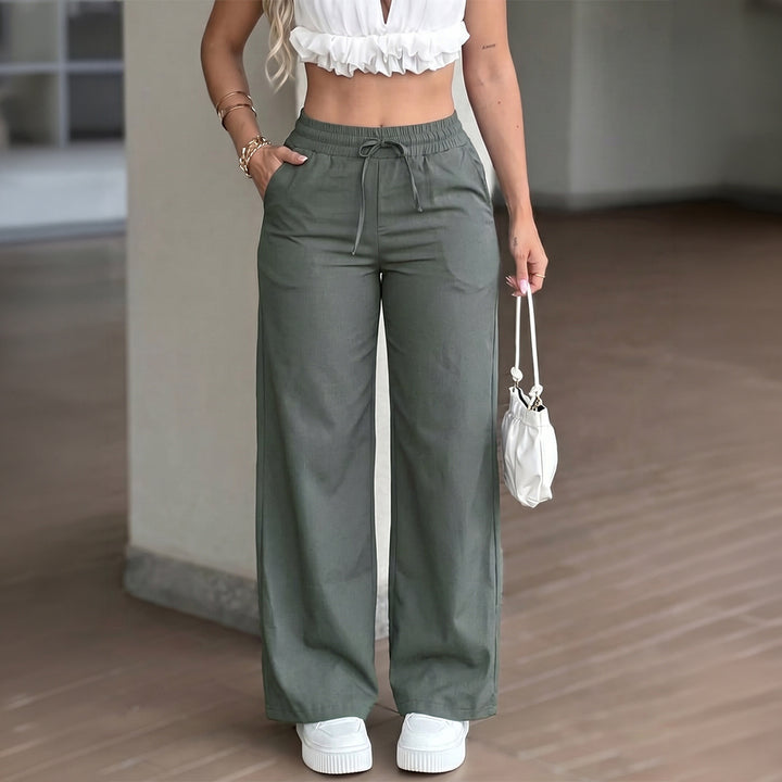 Women's wide High-Waist linen trousers with elastic drawstring waistband and side pockets Mune Fashion