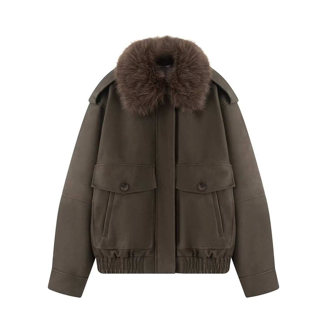 Women short-cut bomber jacket with voluminous faux fur collar and applied flap pockets Mune Fashion