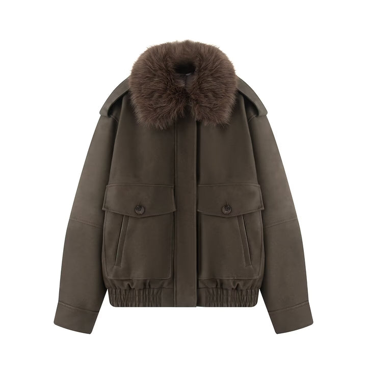 Women short-cut bomber jacket with voluminous faux fur collar and applied flap pockets Mune Fashion