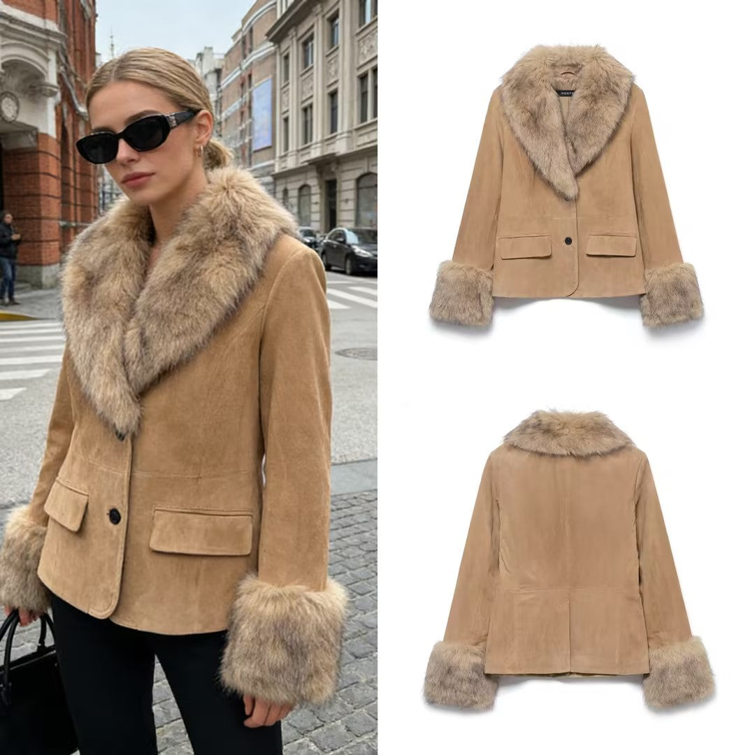 Women's short suede jacket with voluminous fur collar and wide fur cuffs Mune Fashion