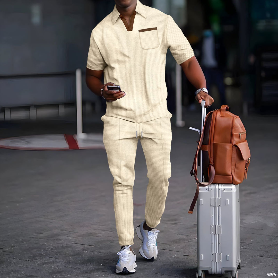 Men's casual leisure set made of elastic jersey with V-neck, chest pocket, and drawstring waistband Mune Fashion