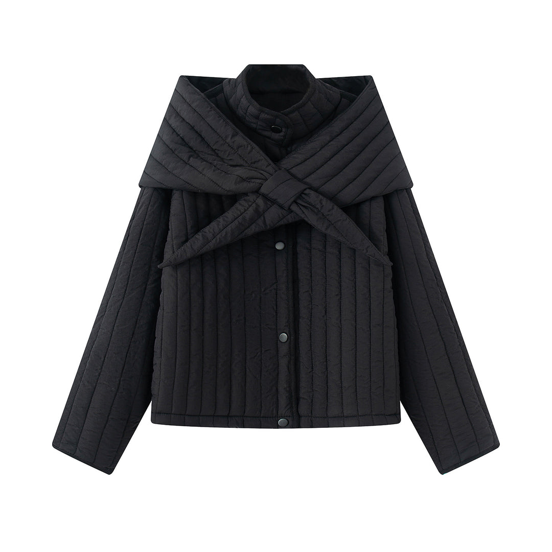 Women's quilted jacket with large wrap collar and tie scarf Mune Fashion