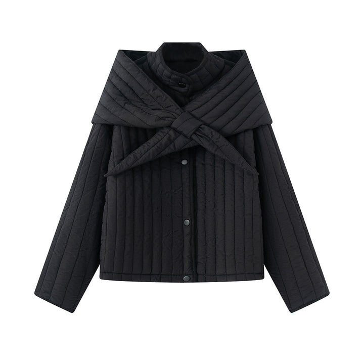 Women's quilted jacket with large wrap collar and tie scarf Mune Fashion