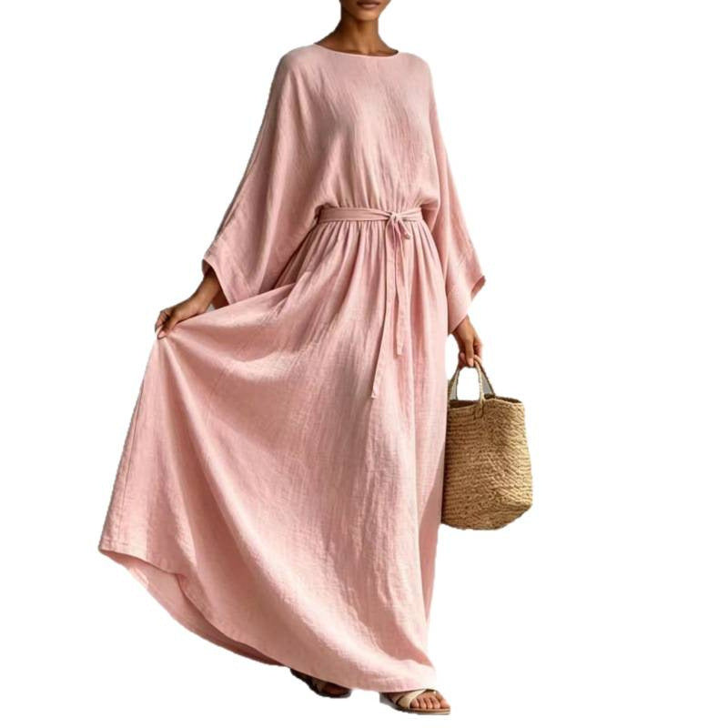 Women's Long Linen Look Kaftan Dress with Drawstring Waist and Batwing Sleeves Mune Fashion
