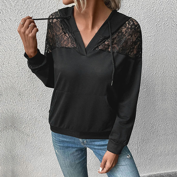 Ladies hooded sweatshirt with lace insert and V-neck Mune Fashion