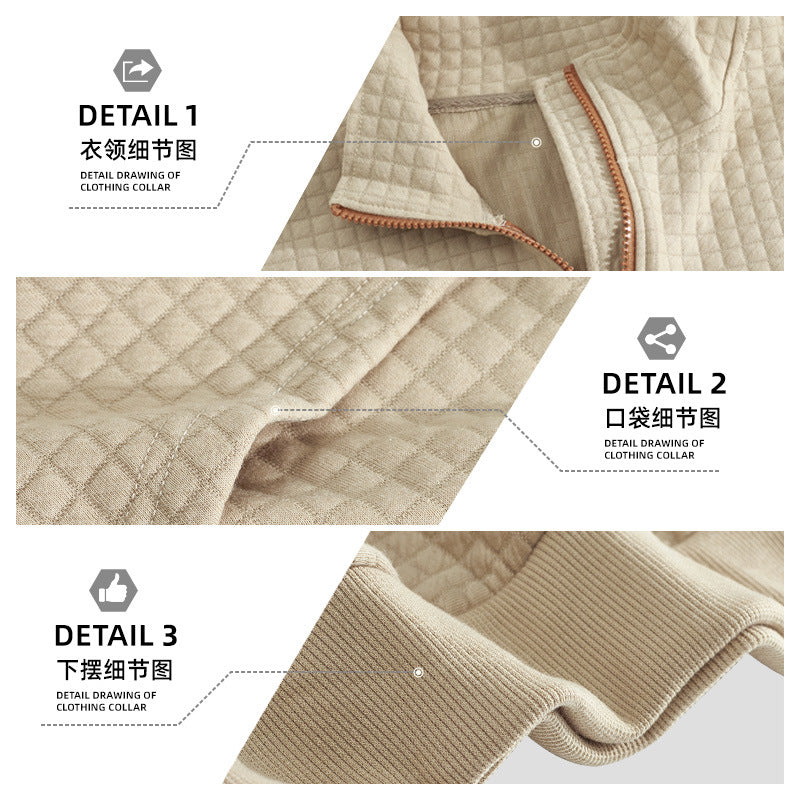 Men's waffle texture half-zip with stand-up collar, kangaroo pocket, and suede look elbow patches Mune Fashion
