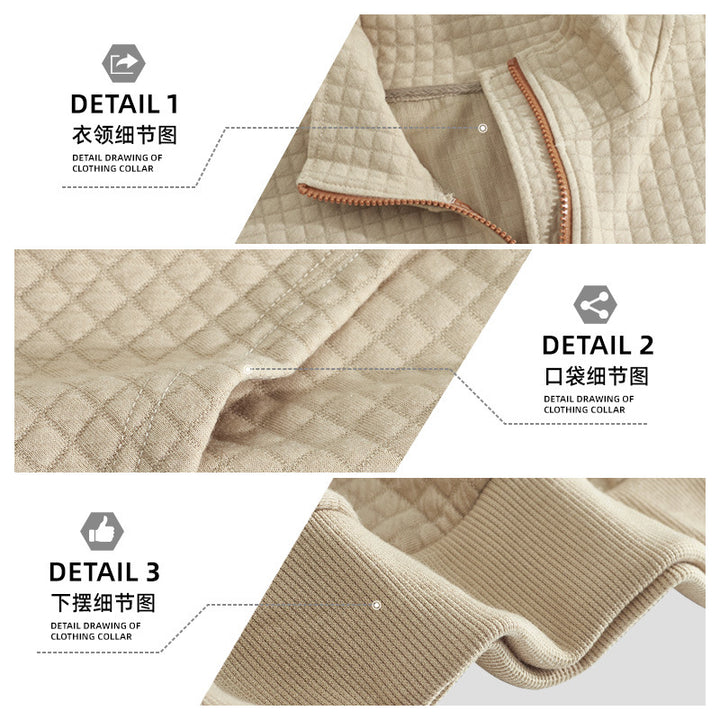 Men's waffle texture half-zip with stand-up collar, kangaroo pocket, and suede look elbow patches Mune Fashion