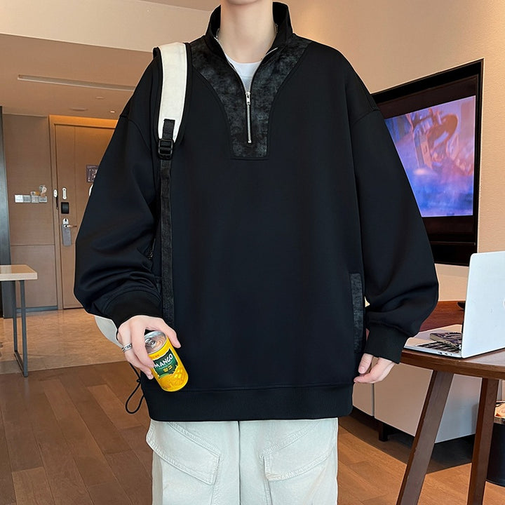 Men's Oversize Stand Collar Half Zip Sweatshirt with Kangaroo Pocket & Contrast Inner Placket Mune Fashion